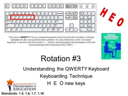 Rotation #3 Understanding the QWERTY Keyboard Keyboarding Technique H E O new keys The name QWERTY for our computer keyboard comes from the first six.