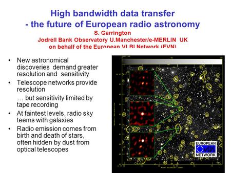 76-m Lovell Telescope Jodrell Bank, UK Even big telescopes see no more detail than the naked eye High bandwidth data transfer - the future of European.