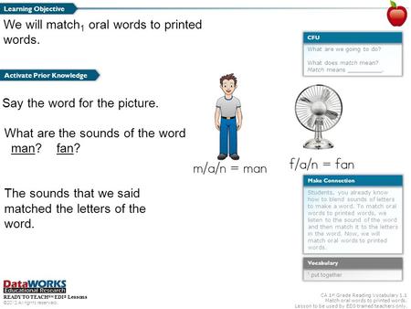READY TO TEACH SM EDI ® Lessons ©2012 All rights reserved. CA 1 st Grade Reading Vocabulary 1.1 Match oral words to printed words. Lesson to be used by.