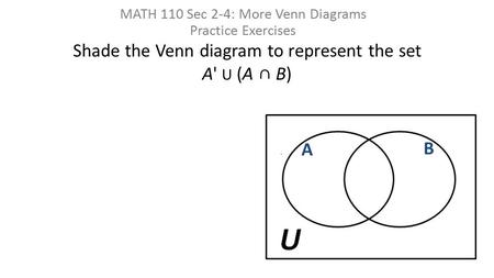 Shade the Venn diagram to represent the set A' U (A ∩ B)
