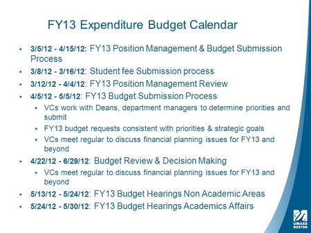 FY13 Expenditure Budget Calendar ▸ 3/5/12 - 4/15/12: FY13 Position Management & Budget Submission Process ▸ 3/8/12 - 3/16/12 : Student fee Submission process.