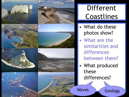 What do these photos show? What are the similarities and differences between them? What produced these differences? Different Coastlines Waves Geology.