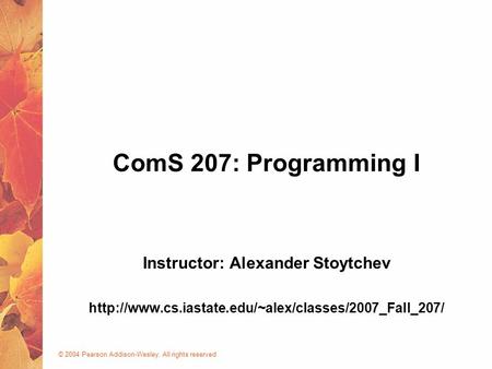 © 2004 Pearson Addison-Wesley. All rights reserved ComS 207: Programming I Instructor: Alexander Stoytchev