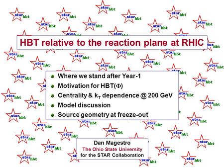 Dan Magestro The Ohio State University for the STAR Collaboration HBT relative to the reaction plane at RHIC Where we stand after Year-1 Motivation for.