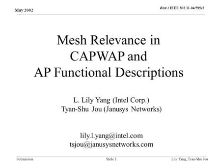 Doc.: IEEE 802.11-04/595r2 Submission May 2002 Lily Yang, Tyan-Shu JouSlide 1 Mesh Relevance in CAPWAP and AP Functional Descriptions L. Lily Yang (Intel.