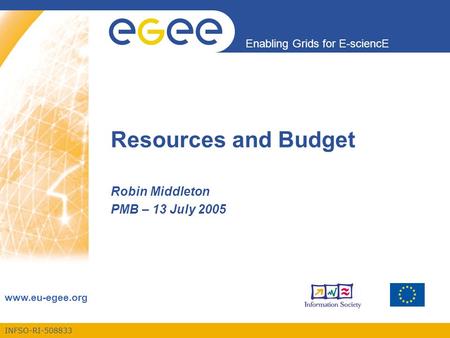INFSO-RI-508833 Enabling Grids for E-sciencE www.eu-egee.org Resources and Budget Robin Middleton PMB – 13 July 2005.