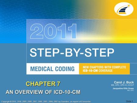 1 Copyright © 2011, 2010, 2009, 2008, 2007, 2006, 2005, 2004, 2002 by Saunders, an imprint of Elsevier Inc. Slide 1 CHAPTER 7 AN OVERVIEW OF ICD-10-CM.
