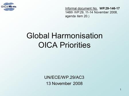 Global Harmonisation OICA Priorities UN/ECE/WP.29/AC3 13 November 2008 1 Informal document No. WP.29-146-17 146th WP.29, 11-14 November 2008, agenda item.