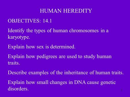 HUMAN HEREDITY OBJECTIVES: 14.1