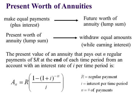 Present Worth of Annuities make equal payments The present value of an annuity that pays out n regular payments of $R at the end of each time period from.