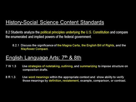 History-Social Science Content Standards 8.2 Students analyze the political principles underlying the U.S. Constitution and compare the enumerated and.