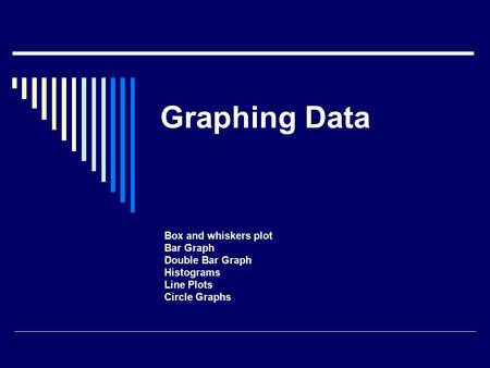 Graphing Data Box and whiskers plot Bar Graph Double Bar Graph Histograms Line Plots Circle Graphs.
