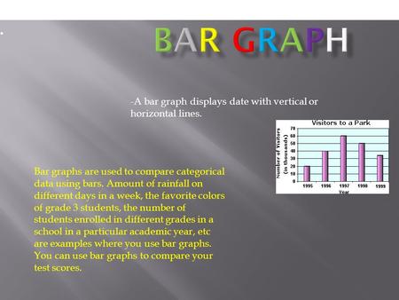 -A bar graph displays date with vertical or horizontal lines. Bar Graph Bar graphs are used to compare categorical data using bars. Amount of rainfall.