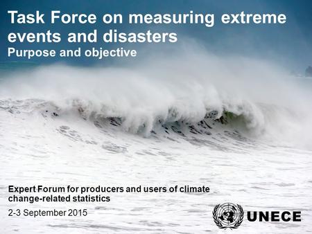 . Task Force on measuring extreme events and disasters Purpose and objective Expert Forum for producers and users of climate change-related statistics.