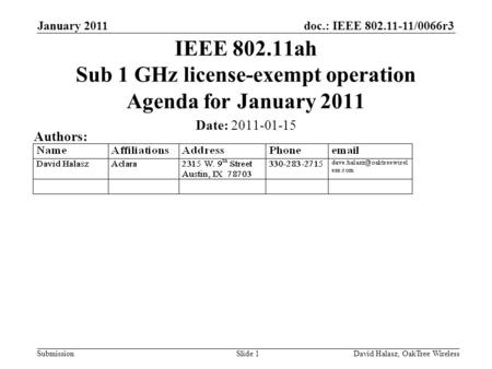 Doc.: IEEE 802.11-11/0066r3 Submission January 2011 David Halasz, OakTree WirelessSlide 1 IEEE 802.11ah Sub 1 GHz license-exempt operation Agenda for January.