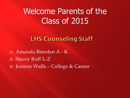 Welcome Parents of the Class of 2015  Amanda Breeden A - K  Stacey Ruff L-Z  Jeannie Walls – College & Career.