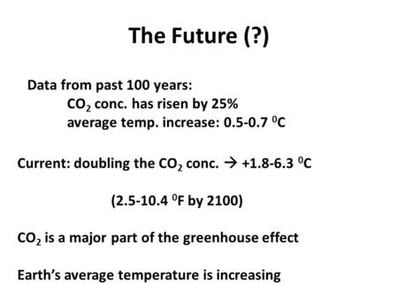 The Future (?) Data from past 100 years: CO 2 conc. has risen by 25% average temp. increase: 0.5-0.7 0 C Current: doubling the CO 2 conc.  +1.8-6.3 0.