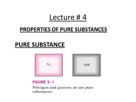 Lecture # 4 PROPERTIES OF PURE SUBSTANCES PURE SUBSTANCE.