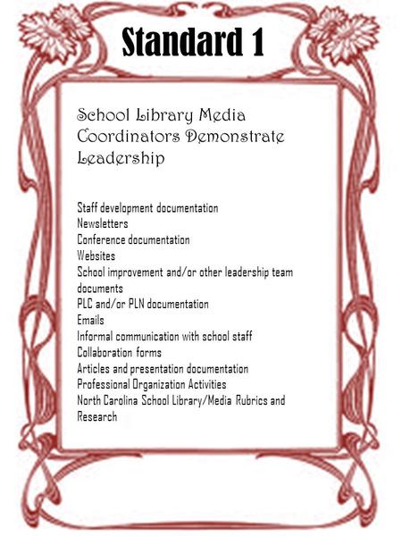 Standard 1 School Library Media Coordinators Demonstrate Leadership Staff development documentation Newsletters Conference documentation Websites School.