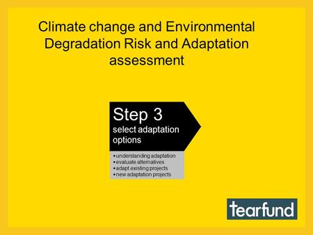 Climate change and Environmental Degradation Risk and Adaptation assessment Step 3 select adaptation options  understanding adaptation  evaluate alternatives.
