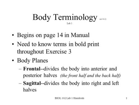 1 Body Terminology rev 9-11 Lab 1 Begins on page 14 in Manual Need to know terms in bold print throughout Exercise 3 Body Planes –Frontal--divides the.