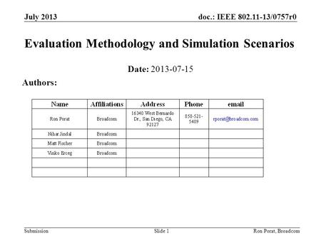 Doc.: IEEE 802.11-13/0757r0 Submission July 2013 Ron Porat, Broadcom Evaluation Methodology and Simulation Scenarios Date: 2013-07-15 Authors: Slide 1.