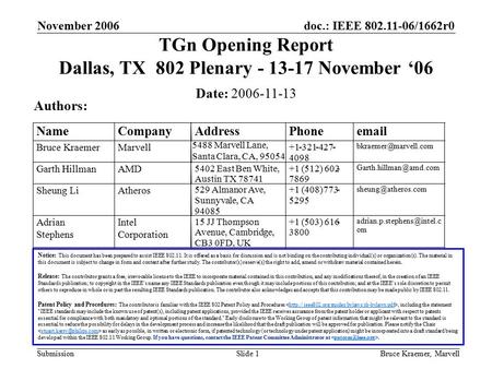 Doc.: IEEE 802.11-06/1662r0 Submission November 2006 Bruce Kraemer, MarvellSlide 1 TGn Opening Report Dallas, TX 802 Plenary - 13-17 November ‘06 Date:
