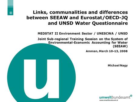 05.04.2004 | Slide 1 MEDSTAT II Environment Sector / UNESCWA / UNSD, Amman 10-13 March 2008 Links, communalities and differences between SEEAW and Eurostat/OECD-JQ.