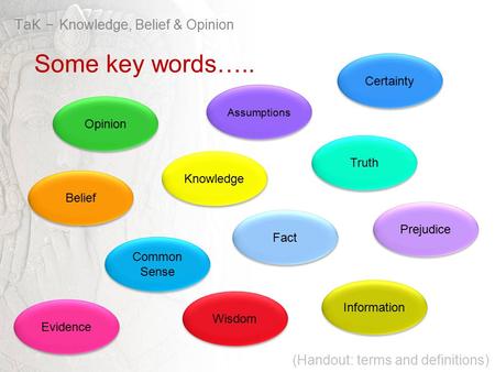 Opinion Belief Truth Knowledge Certainty Information Fact Prejudice Evidence TaK – Knowledge, Belief & Opinion Some key words….. Common Sense Wisdom Assumptions.