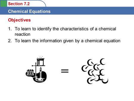 Objectives To learn to identify the characteristics of a chemical reaction To learn the information given by a chemical equation =
