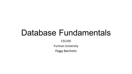 Database Fundamentals CSC105 Furman University Peggy Batchelor.