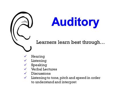 Learners learn best through… Hearing Listening Speaking Verbal Lectures Discussions Listening to tone, pitch and speed in order to understand and interpret.