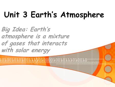 Unit 3 Earth’s Atmosphere Big Idea: Earth’s atmosphere is a mixture of gases that interacts with solar energy.