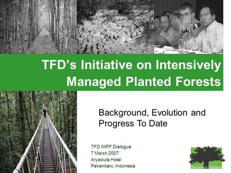 TFD IMPF Dialogue 7 March 2007 Aryaduta Hotel Pekanbaru, Indonesia TFD’s Initiative on Intensively Managed Planted Forests Background, Evolution and Progress.