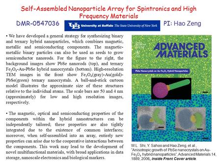 Self-Assembled Nanoparticle Array for Spintronics and High Frequency Materials DMR-0547036 PI: Hao Zeng W.L. Shi, Y. Sahoo and Hao Zeng, et al., “Anisotropic.