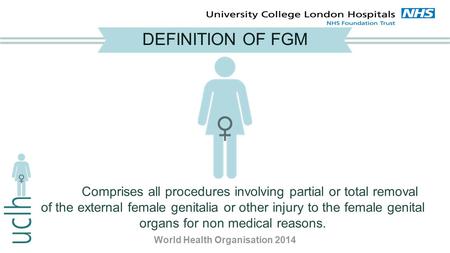 DEFINITION OF FGM Comprises all procedures involving partial or total removal of the external female genitalia or other injury to the female genital organs.