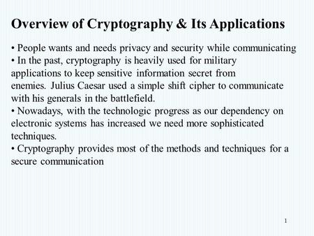 Overview of Cryptography & Its Applications