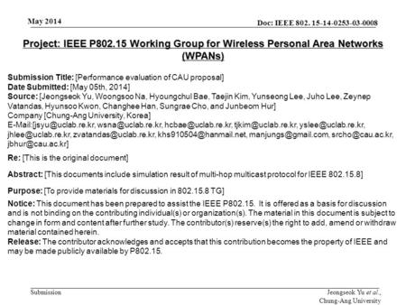 Doc: IEEE 802. 15-14-0253-03-0008 Submission May 2014 Jeongseok Yu et al., Chung-Ang University Project: IEEE P802.15 Working Group for Wireless Personal.