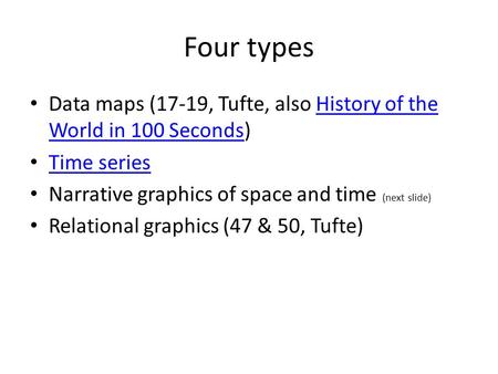Four types Data maps (17-19, Tufte, also History of the World in 100 Seconds)History of the World in 100 Seconds Time series Narrative graphics of space.