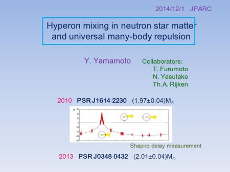Hyperon mixing in neutron star matter and universal many-body repulsion 2014/12/1 JPARC Y. Yamamoto Collaborators: T. Furumoto N. Yasutake Th.A. Rijken.