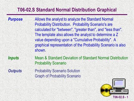 T06-02.S - 1 T06-02.S Standard Normal Distribution Graphical Purpose Allows the analyst to analyze the Standard Normal Probability Distribution. Probability.