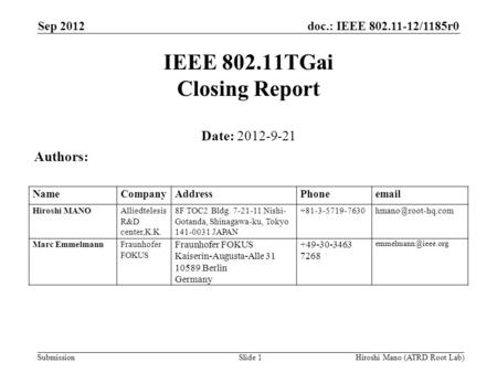 Doc.: IEEE 802.11-12/1185r0 Submission Sep 2012 Hiroshi Mano (ATRD Root Lab)Slide 1 IEEE 802.11TGai Closing Report Date: 2012-9-21 Authors: NameCompanyAddressPhoneemail.