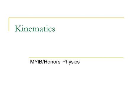 Kinematics MYIB/Honors Physics. Defining the important variables Kinematics is SymbolVariableUnits Time Acceleration Displacement Initial velocity Final.