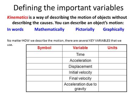 Defining the important variables Kinematics is a way of describing the motion of objects without describing the causes. You can describe an object’s motion: