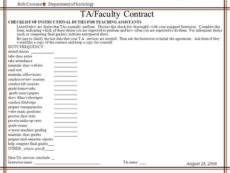 Department of SociologyRob Crosnoe August 28, 2006 TA/Faculty Contract CHECKLIST OF INSTRUCTIONAL DUTIES FOR TEACHING ASSISTANTS Listed below are duties.