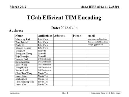 Doc.: IEEE 802.11-12/388r1 SubmissionMinyoung Park, et. al. Intel Corp.Slide 1 TGah Efficient TIM Encoding Date: 2012-03-14 Authors: March 2012.