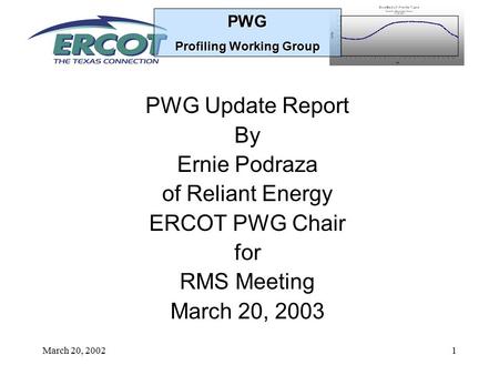 PWG Profiling Working Group March 20, 20021 PWG Update Report By Ernie Podraza of Reliant Energy ERCOT PWG Chair for RMS Meeting March 20, 2003.