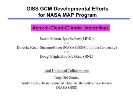 GISS GCM Developmental Efforts for NASA MAP Program Surabi Menon, Igor Sednev (LBNL) and Dorothy Koch, Susanne Bauer (NASA GISS/Columbia University) and.