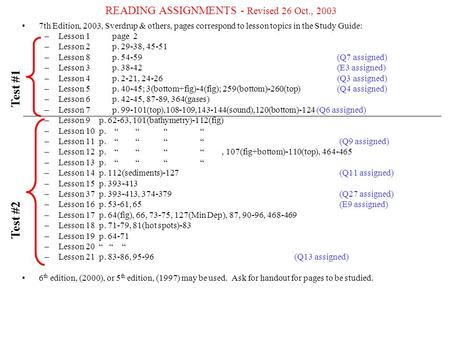 READING ASSIGNMENTS - Revised 26 Oct., 2003