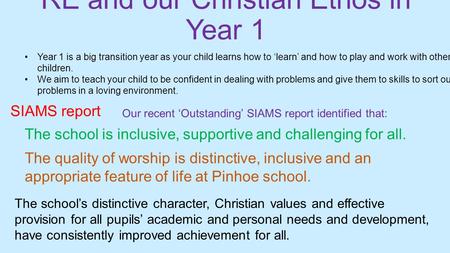 RE and our Christian Ethos in Year 1 Year 1 is a big transition year as your child learns how to ‘learn’ and how to play and work with other children.